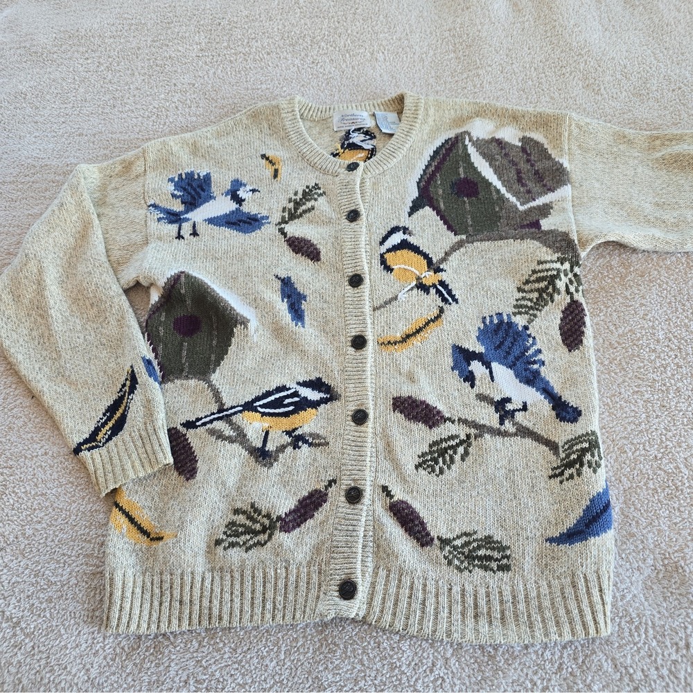 Vtg 90s Northern Treasures Winter Bird House Knit Cardigan Sweater Sz M